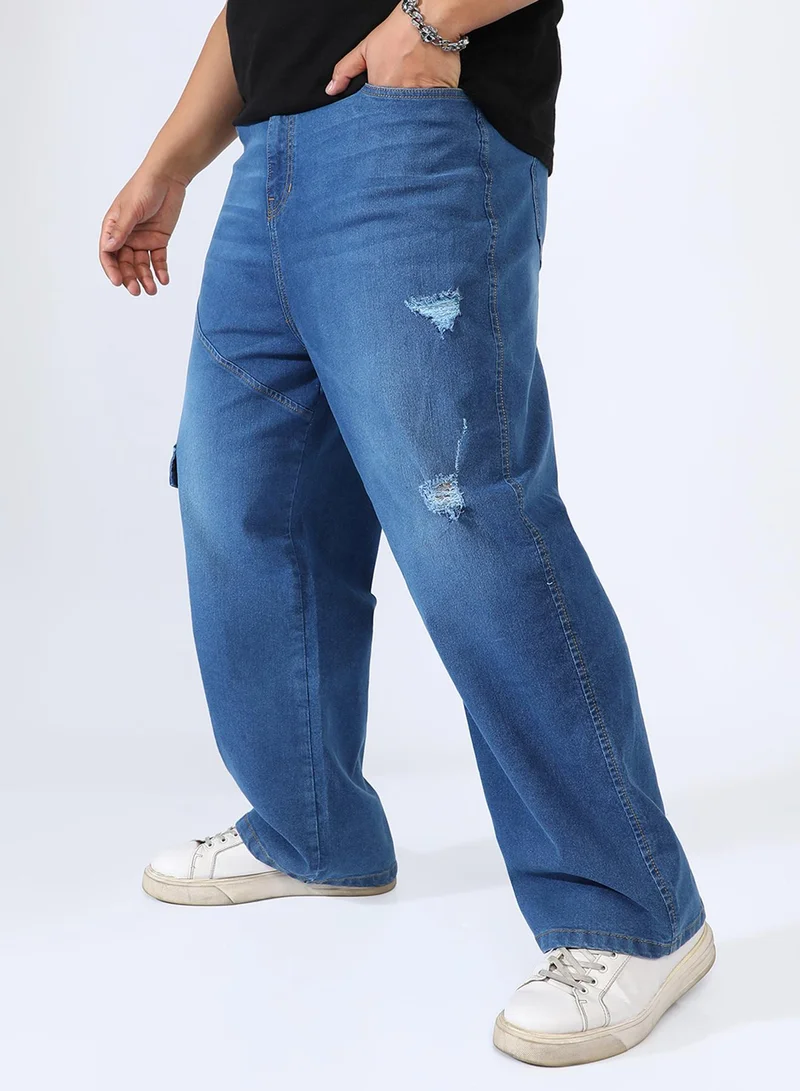 Instafab Plus  Men's Light Blue Asymmetrical Stitch Denim Jeans For Casual Wear | 6 Pockets | Mid-Rise | Button Closure | Plus-Size Denim Jeans Crafted With Comfort Fit For Everyday Wear for Men | Best Price UAE